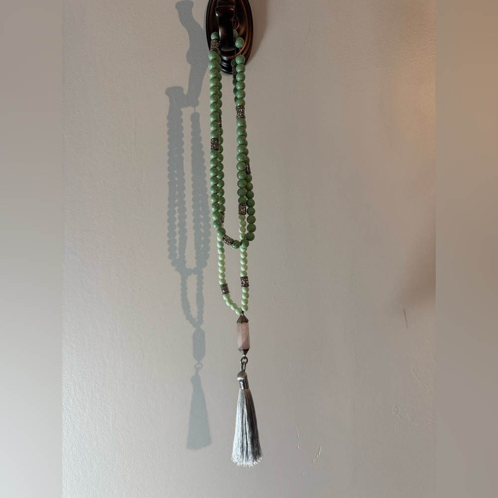 Green Beaded Necklace with Silver Tassel